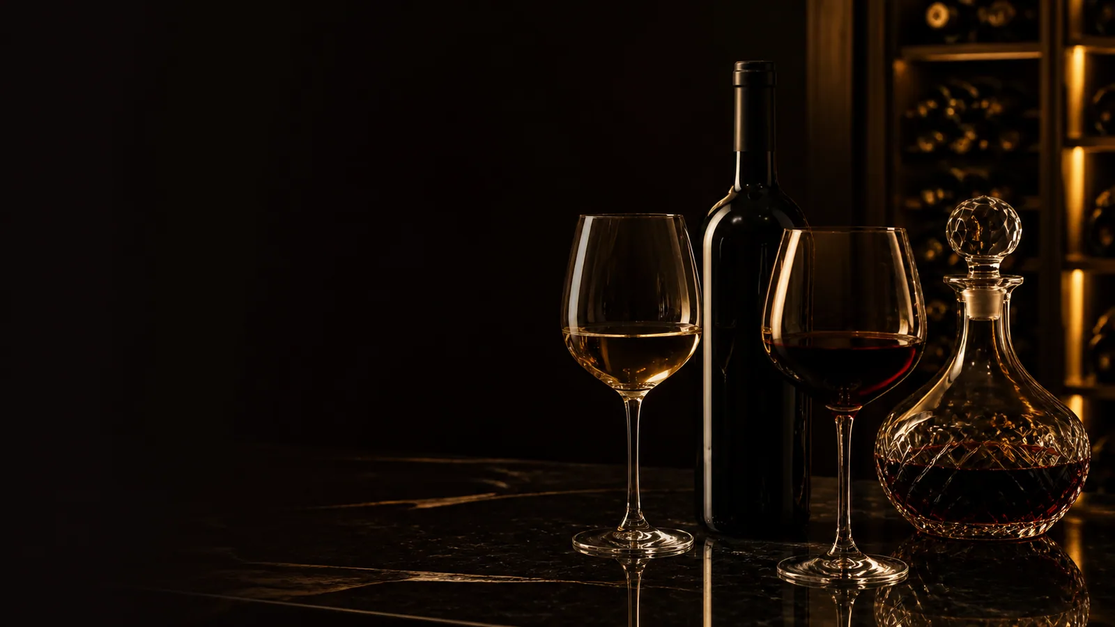 Vinhos seleccionados, taças e decanter num ambiente premium
